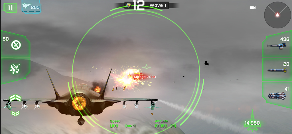 ACE Fighter: Modern Air Combat - A fighter jet engaging in a dogfight with explosions and HUD elements in Ace Fighter Modern Air Combat.