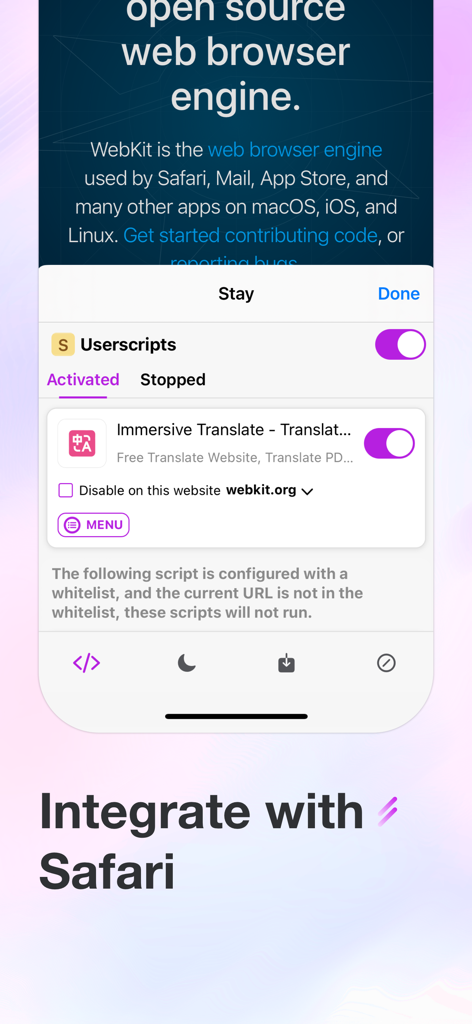 Stay for Safari - Stay for Safari App-Oberfläche, die die Verwaltung von Userscripts und Browser-Integrationseinstellungen anzeigt