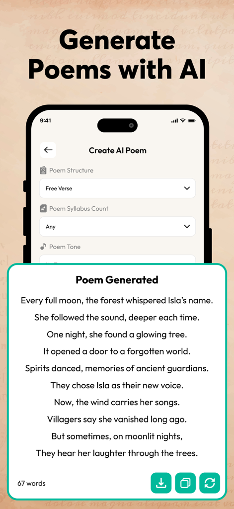 AI Poem Generator and Maker - Ein Screenshot der KI-Gedichtgenerator- und Ersteller-App, der ein generiertes Gedicht in freier Form über einen mystischen Wald anzeigt