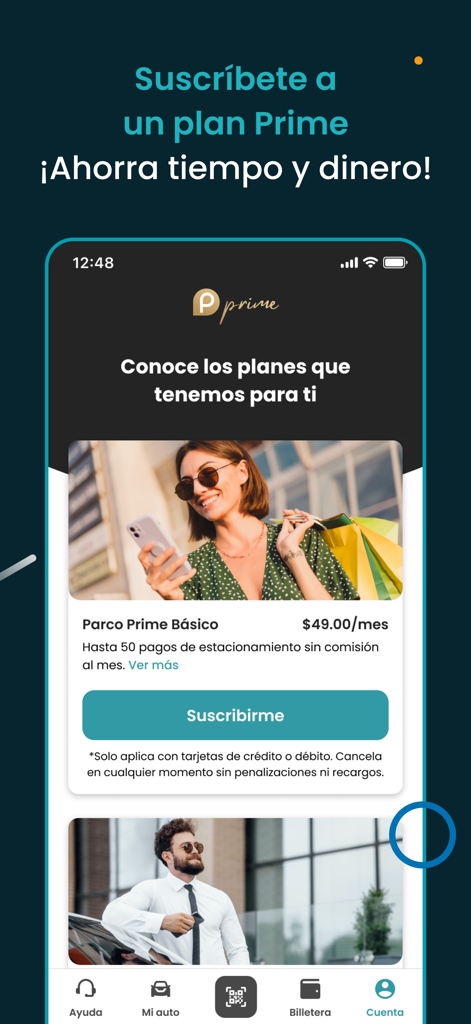 Pantalla de la app Parco que muestra opciones de membresía Prime para ahorros en estacionamiento