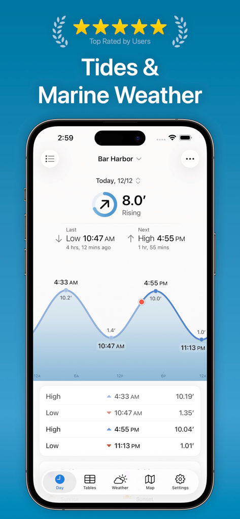 TidesPro: Tide Charts & Tables - TidesPro app interface showing tide charts and marine weather predictions for Bar Harbor