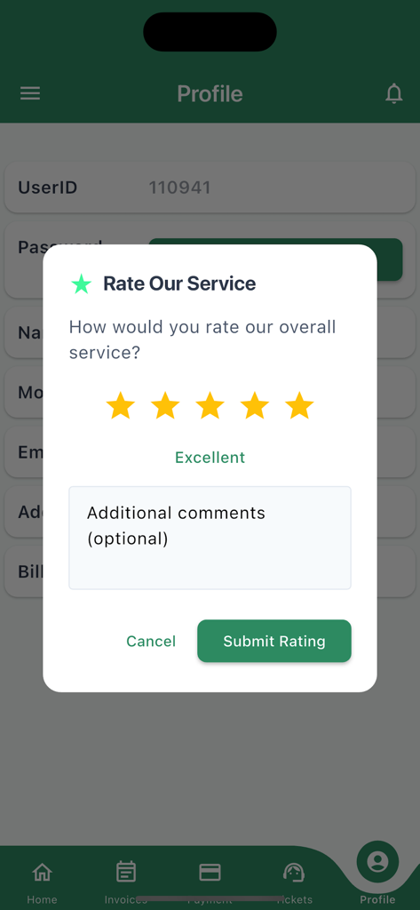 MaxxB - MaxxB app service rating and feedback pop-up on the profile screen