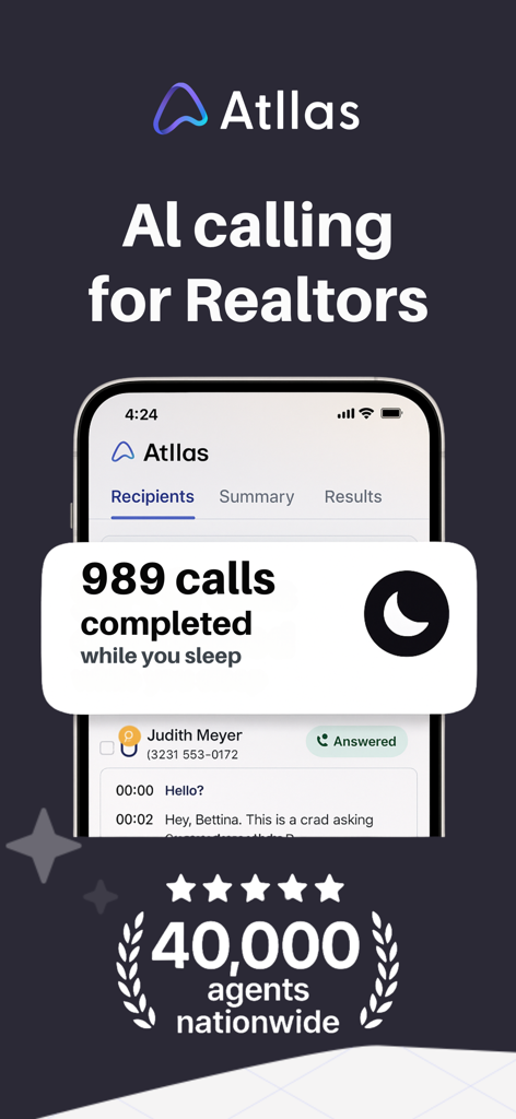 Atllas mobile app interface showing AI calling features for real estate agents and automated call tracking
