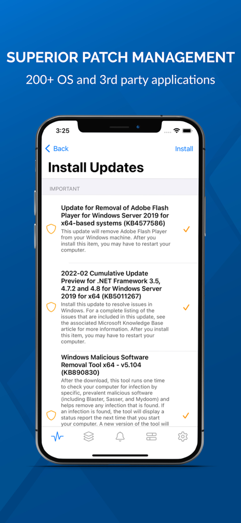 VSA - VSA mobile app interface showing patch management and available updates for systems and applications