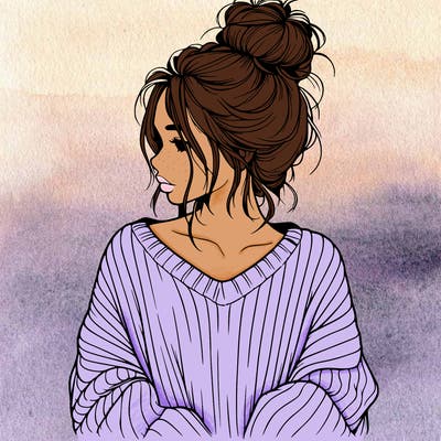 realistic girl wearing a messy bun and an oversized sweater
