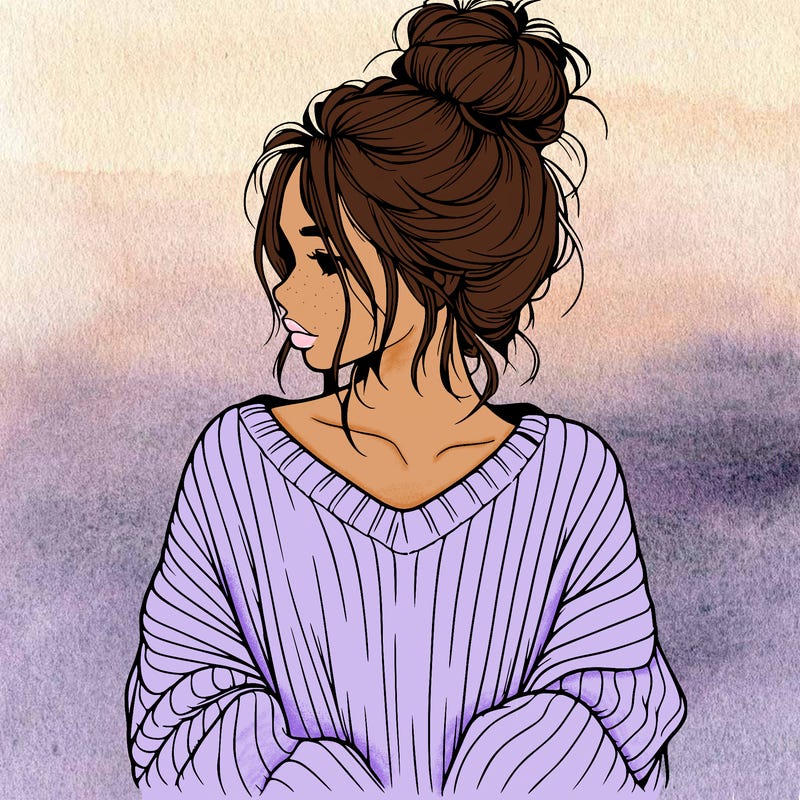 realistic girl wearing a messy bun and an oversized sweater