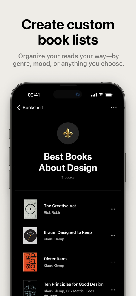 Bookology: Book Tracker - Screenshot of Bookology app showing a custom book list titled Best Books About Design