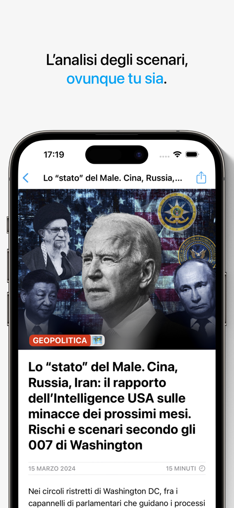 Il Blog di Dario D'Angelo 앱에서 지정학 뉴스 기사를 보여주는 스마트폰 화면