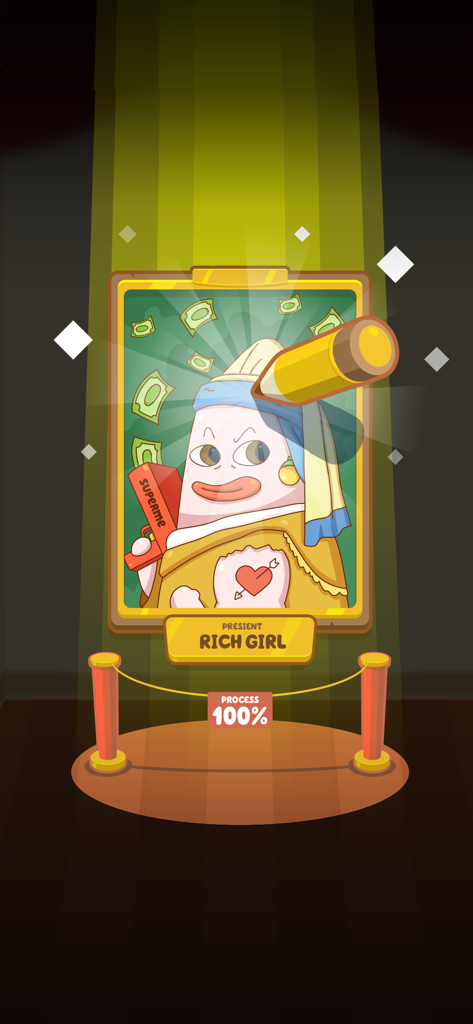 Pencil Sort - Color Sorting - Uma pintura paródica concluída intitulada Rich Girl exibida em uma galeria após a conclusão de um nível de classificação de cores.