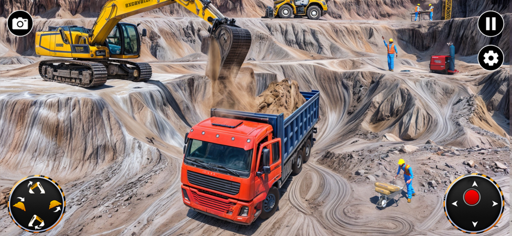 Heavy Machines Transporter Sim - A yellow excavator loading dirt into a red dumper truck at an excavation site