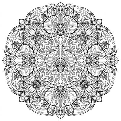 Immerse yourself in a fascinating blend of nature and technology with this exquisite Cyberpunk Orchid Mandala coloring page. Experience the intricate beauty of exotic orchids intertwined with futuristic wires and digital patterns.