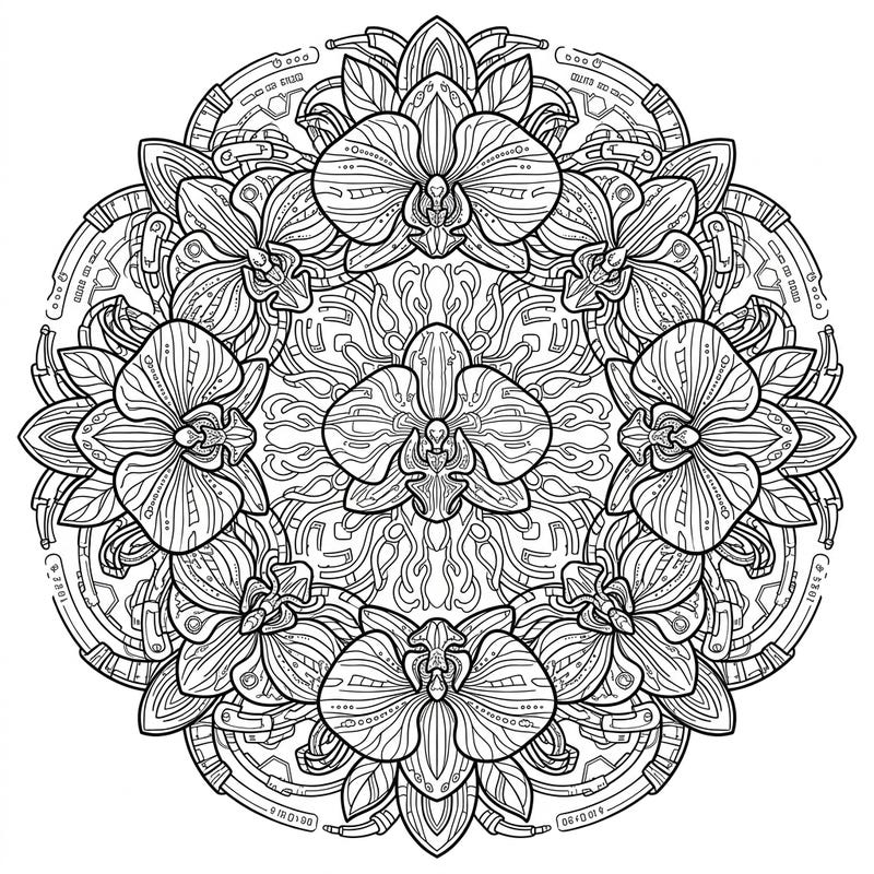 Immerse yourself in a fascinating blend of nature and technology with this exquisite Cyberpunk Orchid Mandala coloring page. Experience the intricate beauty of exotic orchids intertwined with futuristic wires and digital patterns.