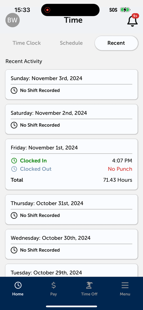 eSELFSERVE - eSELFSERVE app recent activity screen displaying work shift history and clock in details