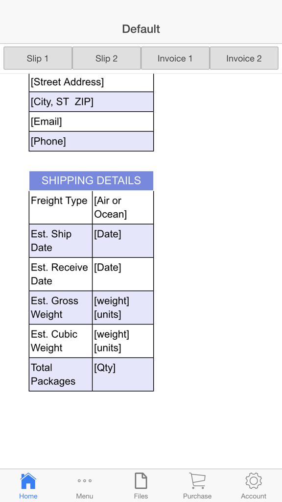 Packing Slip - Mobile application interface showing a form for shipping details including freight type and package weight