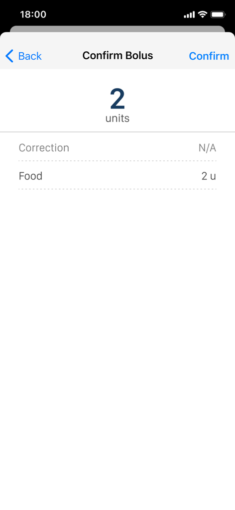 Tandem t:slim Mobile App - The Confirm Bolus screen on the Tandem t slim Mobile App displaying a 2 unit insulin dose for food delivery.