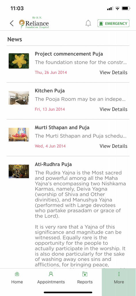 Reliance Foundation Hospital - News section of the Reliance Foundation Hospital app showing hospital events and updates.