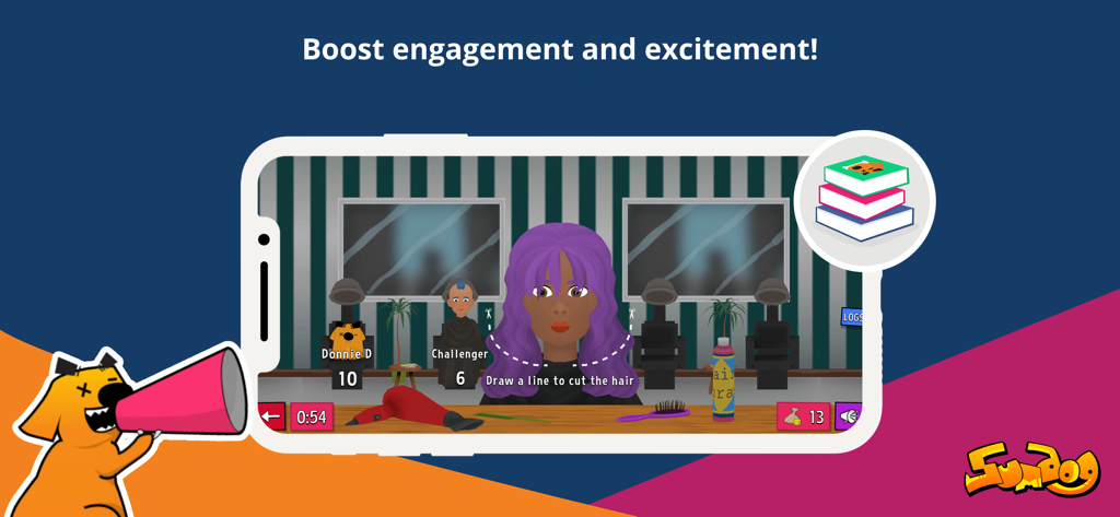 Sumdog educational app gameplay featuring an interactive hair salon activity to boost student engagement