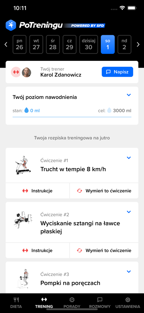 Écran d'entraînement de l'application de fitness PoTreningu montrant les exercices et le suivi de l'hydratation