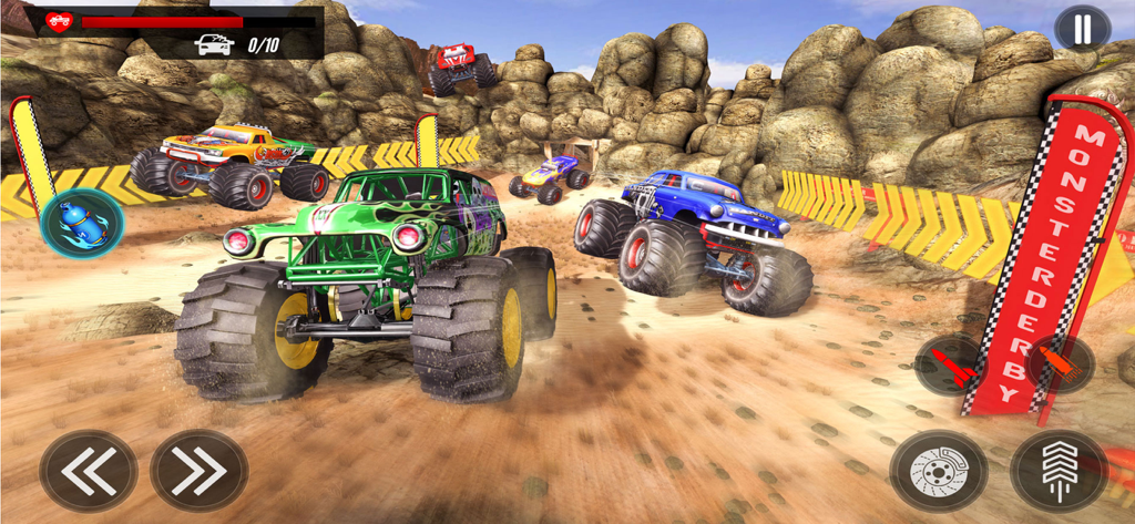 Varios monster trucks compitiendo en una arena desértica rocosa en el juego Monster Truck 4x4 Destruction.