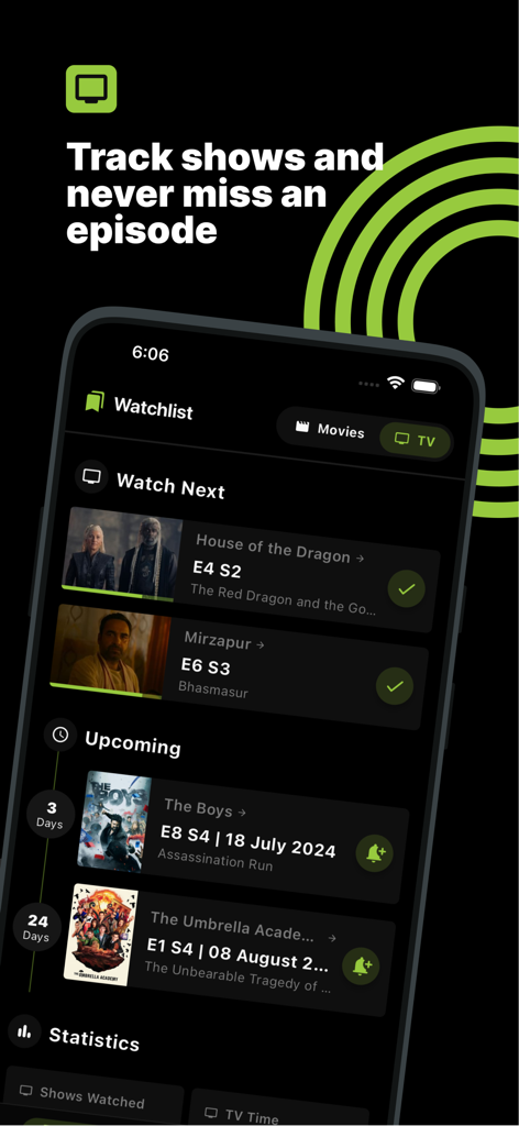 Cineswipe app screen showing a watchlist of TV shows with upcoming episode dates and progress tracking
