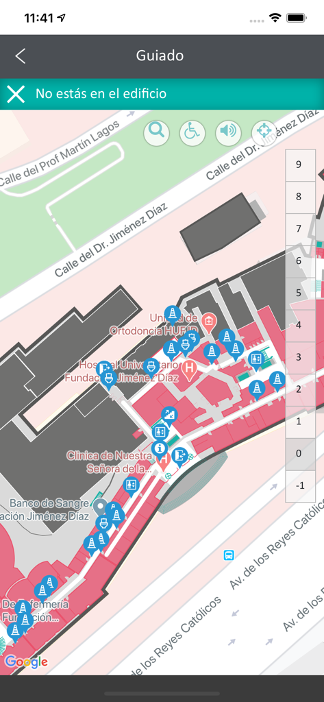Fundación Jimenez Díaz - Interactive indoor and outdoor map of the Fundación Jiménez Díaz hospital campus with floor selector and facility icons.