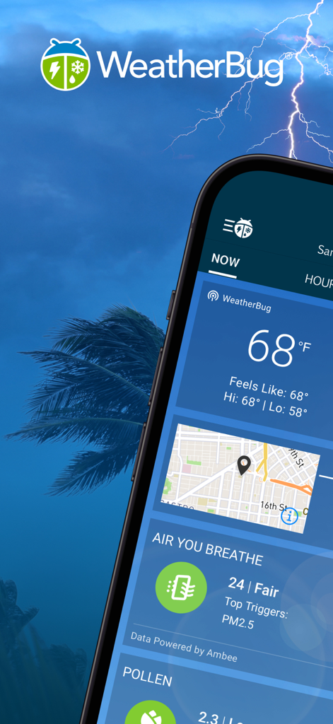 WeatherBug: Weather Forecast - Interfaz de la aplicación WeatherBug mostrando detalles del clima local incluyendo temperatura, calidad del aire y niveles de polen