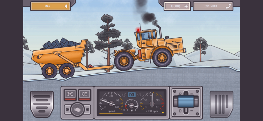 Trucker Ben - Truck Simulator - Un camión pesado amarillo transportando un remolque con carga cuesta arriba en un paisaje nevado dentro del simulador Trucker Ben.