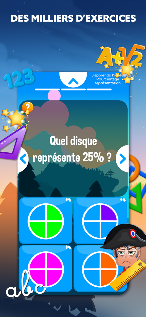 A math exercise screen in the Wiloki app showing a multiple choice question about percentage representations with circles