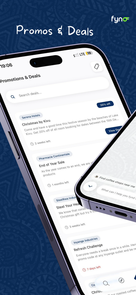 Fynd Rwanda - Mobile app screen for Fynd Rwanda showing current promotions and business deals
