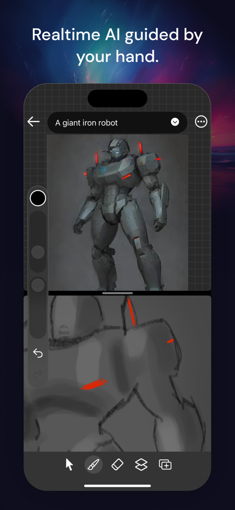 Muse Pro - Muse Pro app interface showing real-time AI generation of a giant iron robot guided by a hand-drawn sketch.