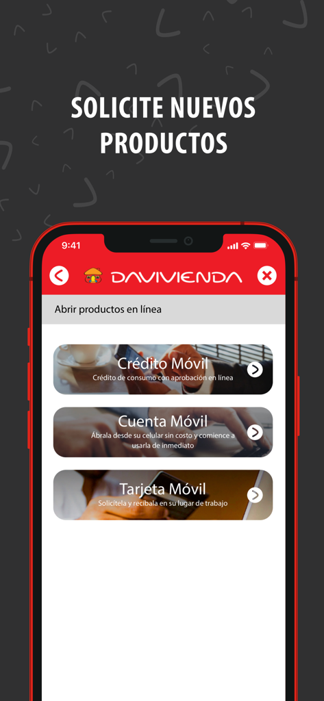 Davivienda Honduras - Davivienda Honduras mobile app screen showing options to request credit, open a mobile account, and get a mobile card online.