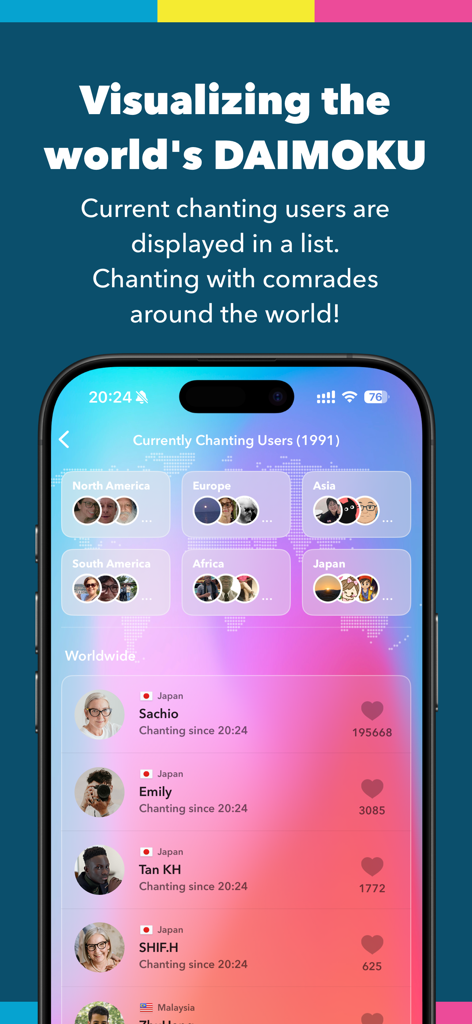 DAIMOKU PRO | SGI DAIMOKU SNS - Screenshot of the Daimoku Pro app showing a list of global users currently chanting with regional categories and profiles