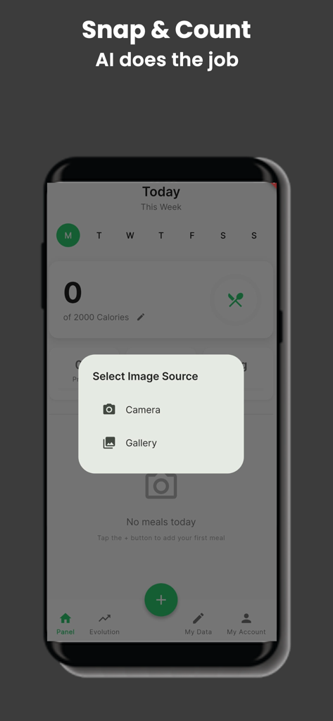 CalMind - AI Calorie Tracker - CalMind app interface showing options to upload a meal photo via camera or gallery for AI calorie tracking.