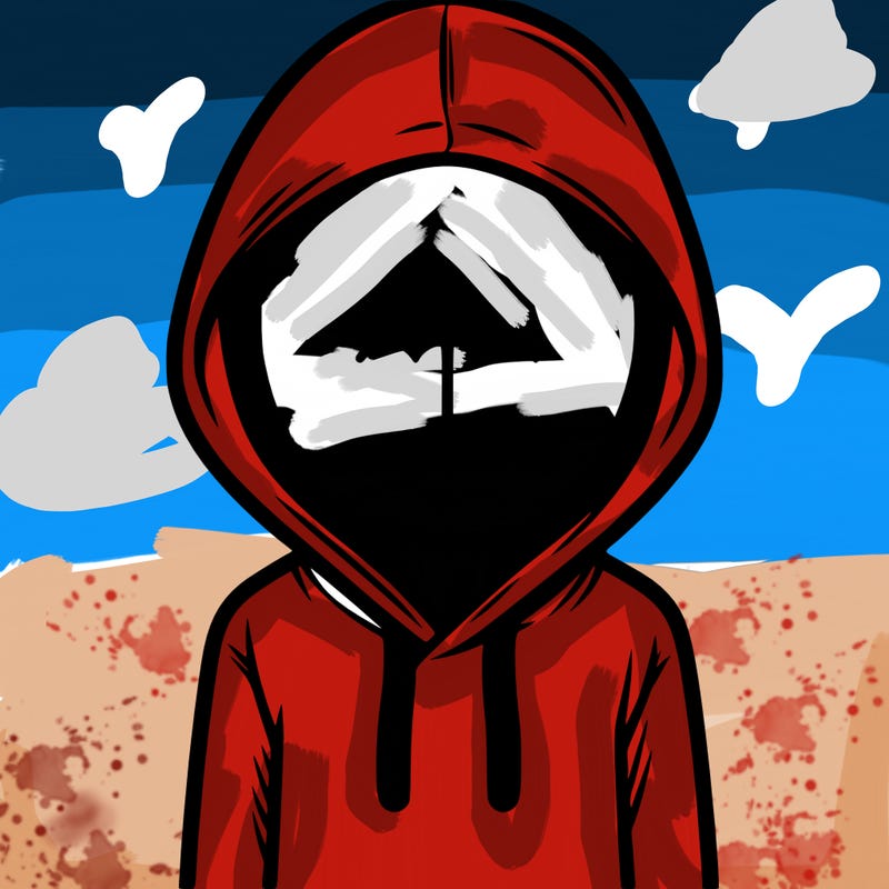 a person with non face waering a hoodie with a small umbrella symbol