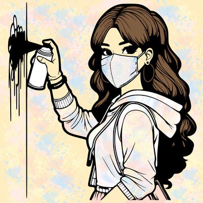 realistic girl with mask spray painting a wall