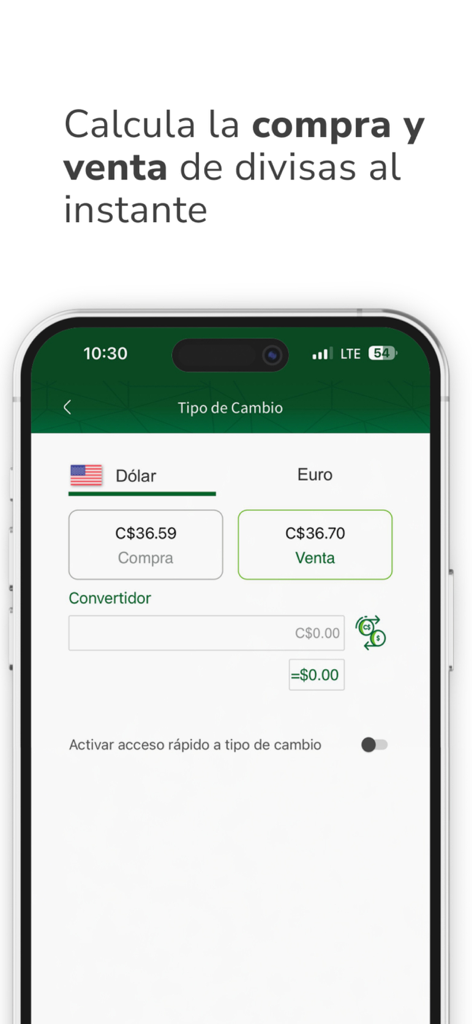 Pantalla móvil de la aplicación Banca Móvil Banpro mostrando tasas de cambio en tiempo real para dólares estadounidenses y euros