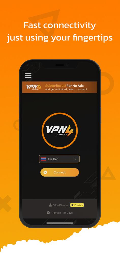 VPN4Games - VPN Proxy Games - Mobile phone screen showing VPN4Games app interface with a Thailand server selected and a yellow connect button