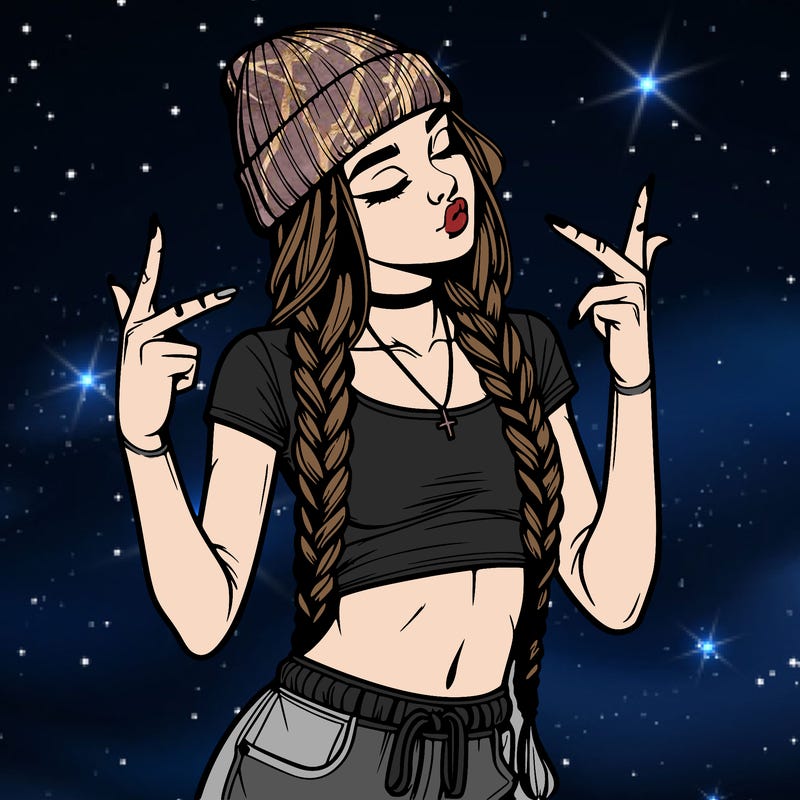 realistic teenage girl with braids and a beanie and crop top doing 🫶🏼