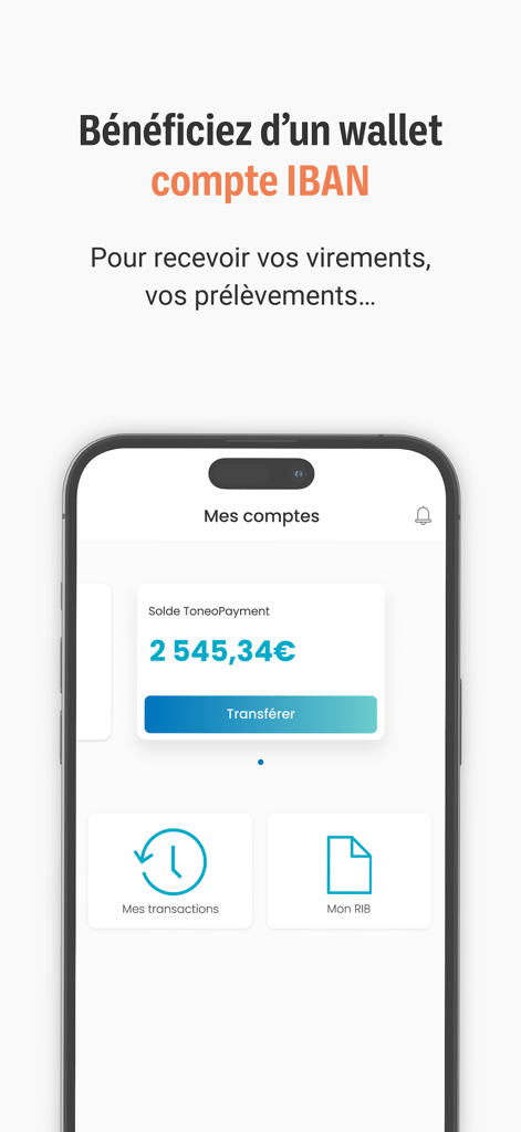 Application mobile Toneo First affichant le solde d'un compte IBAN et les options de transaction.