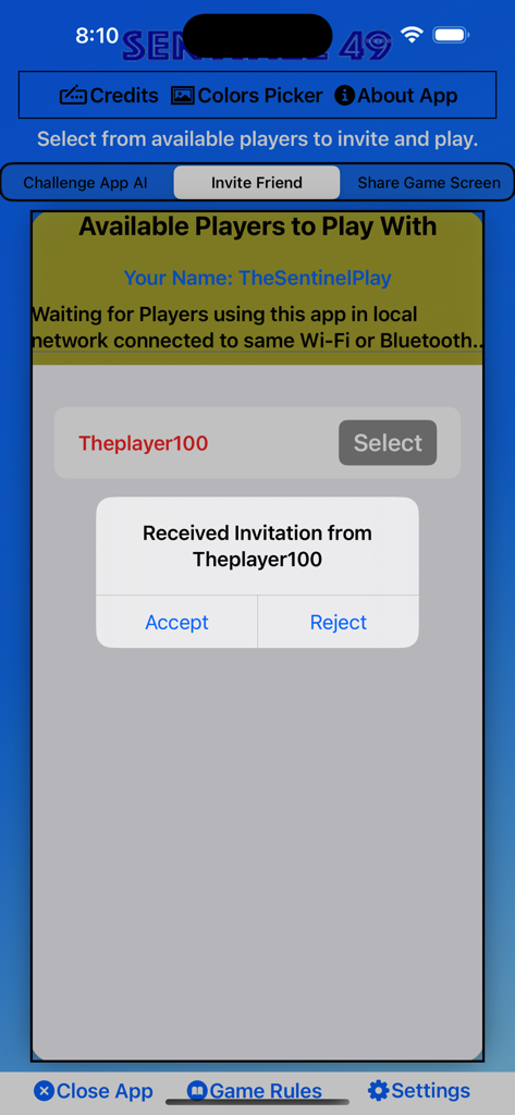 A screenshot of the Sentinel49 app showing a received game invitation popup from another player on the Invite Friend screen