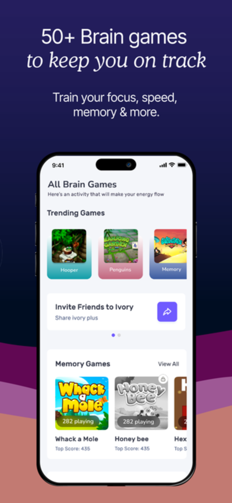 Ivory: Brain Training Games - Mobile app interface of Ivory showing various brain training games for focus and memory