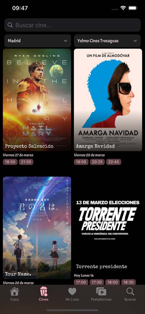 Pelis del Día - Interfaz de la aplicación Pelis del Dia mostrando listados de películas actuales y horarios de cine en español