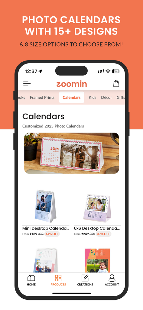 Zoomin: Shop Photobook & Gifts - Zoomin app interface displaying a variety of customizable photo calendar designs and size options