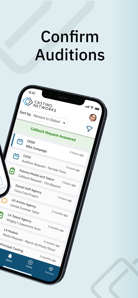 Casting Networks mobile app interface displaying a list of audition and callback requests for actors and performers.