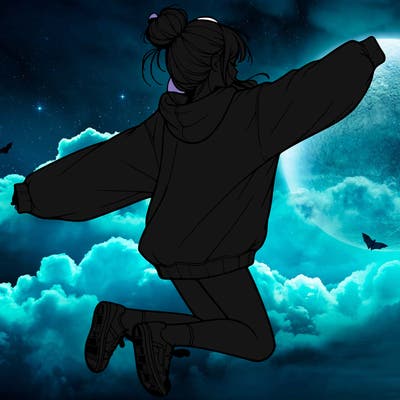 realistic girl jumping with a bun and oversized sweatshirt