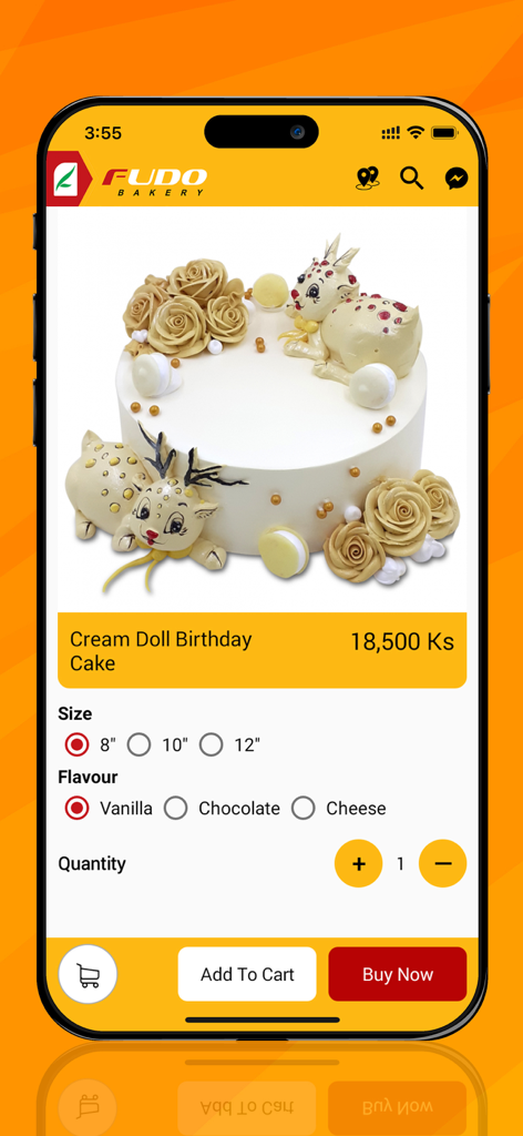 Fudo - Fudo app product page for ordering a cream doll birthday cake with customization options