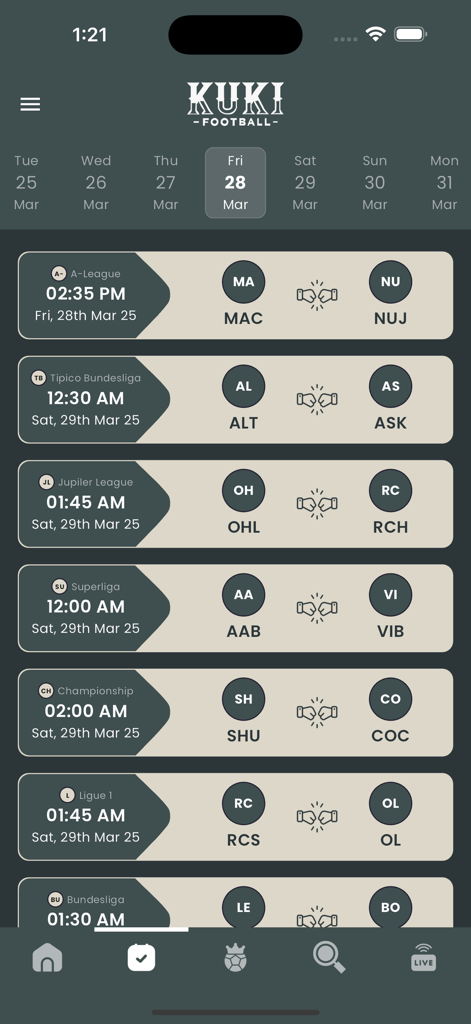 KUKI Football - KUKI Football app screen displaying upcoming soccer match fixtures and schedules across various global leagues in a dark mode interface.