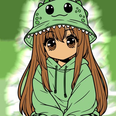 girl with anime shaped eyes with a dinosaur bucket hat oversized sweatshirt long straight hair