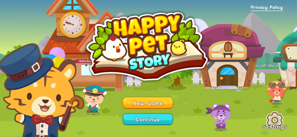 Happy Pet Story: Virtual Pet - La pantalla de título del juego Happy Pet Story con adorables personajes animales y botones para iniciar el juego.