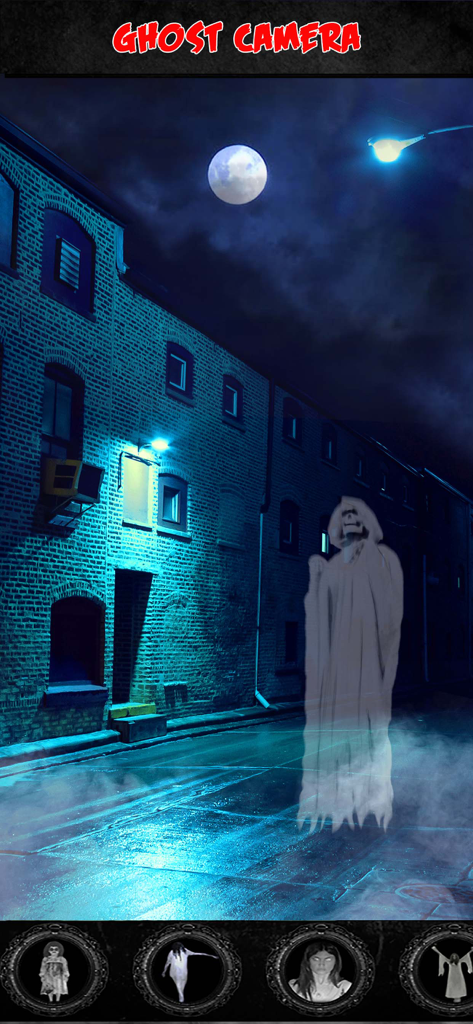 Ghost Caught on Camera Prank - A ghostly figure added to a night street scene using the Ghost Caught on Camera Prank app interface.